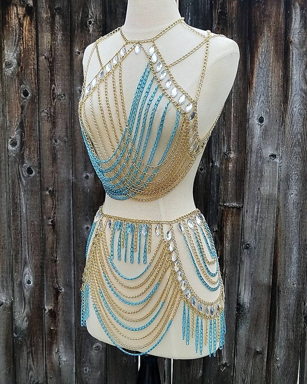 Jasmine Chain Crop Top and Skirt, Gold with Blue