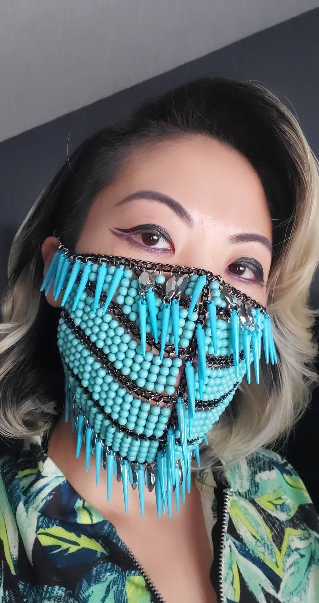 Turquoise beaded mask embellishment with spikes, limited quantity