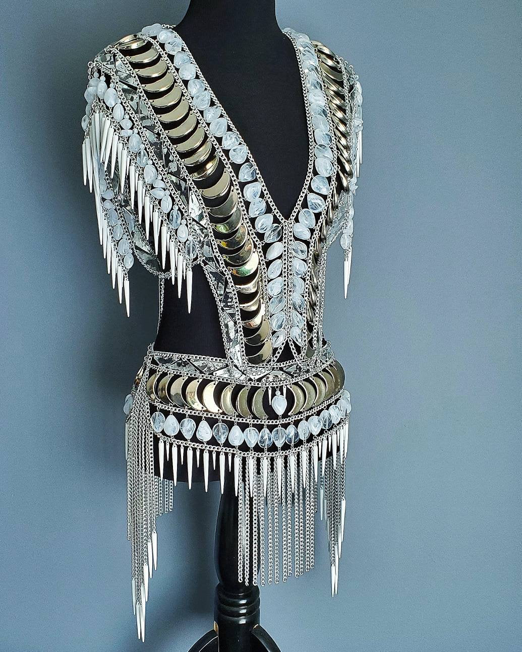 Spike fringe beaded vest and skirt with hologram tiles, one of a kind