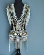 Load image into Gallery viewer, Spike fringe beaded vest and skirt with hologram tiles, one of a kind
