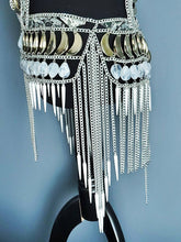 Load image into Gallery viewer, Spike fringe beaded vest and skirt with hologram tiles, one of a kind
