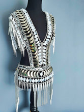 Load image into Gallery viewer, Spike fringe beaded vest and skirt with hologram tiles, one of a kind
